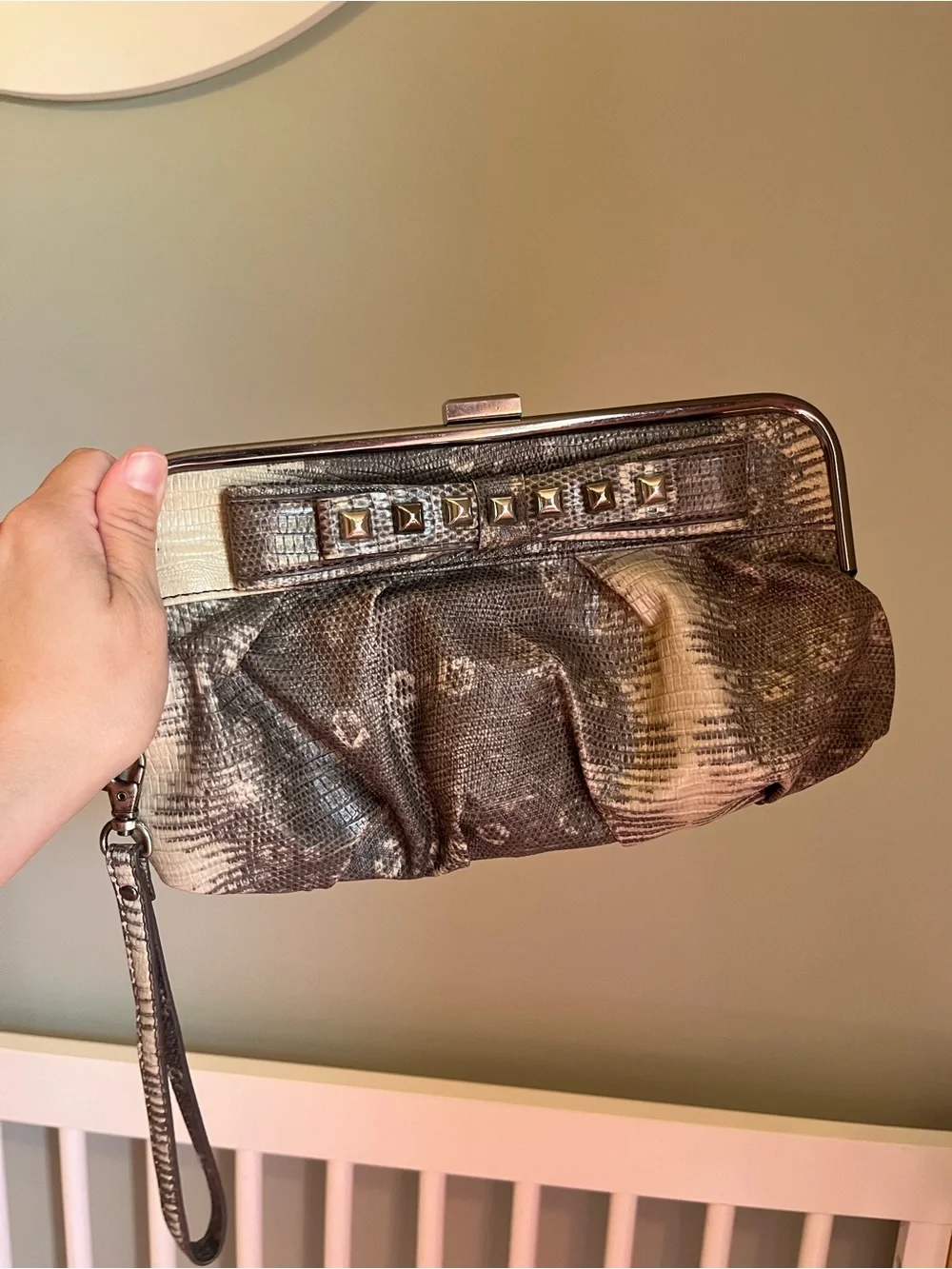 Jessica Simpson Metallic Pewter Lizard-Texture Wristlet Clutch